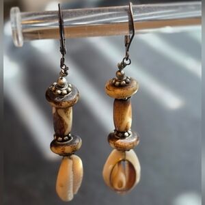 Antique Tribal Cowrie Shell And Bone Earrings
